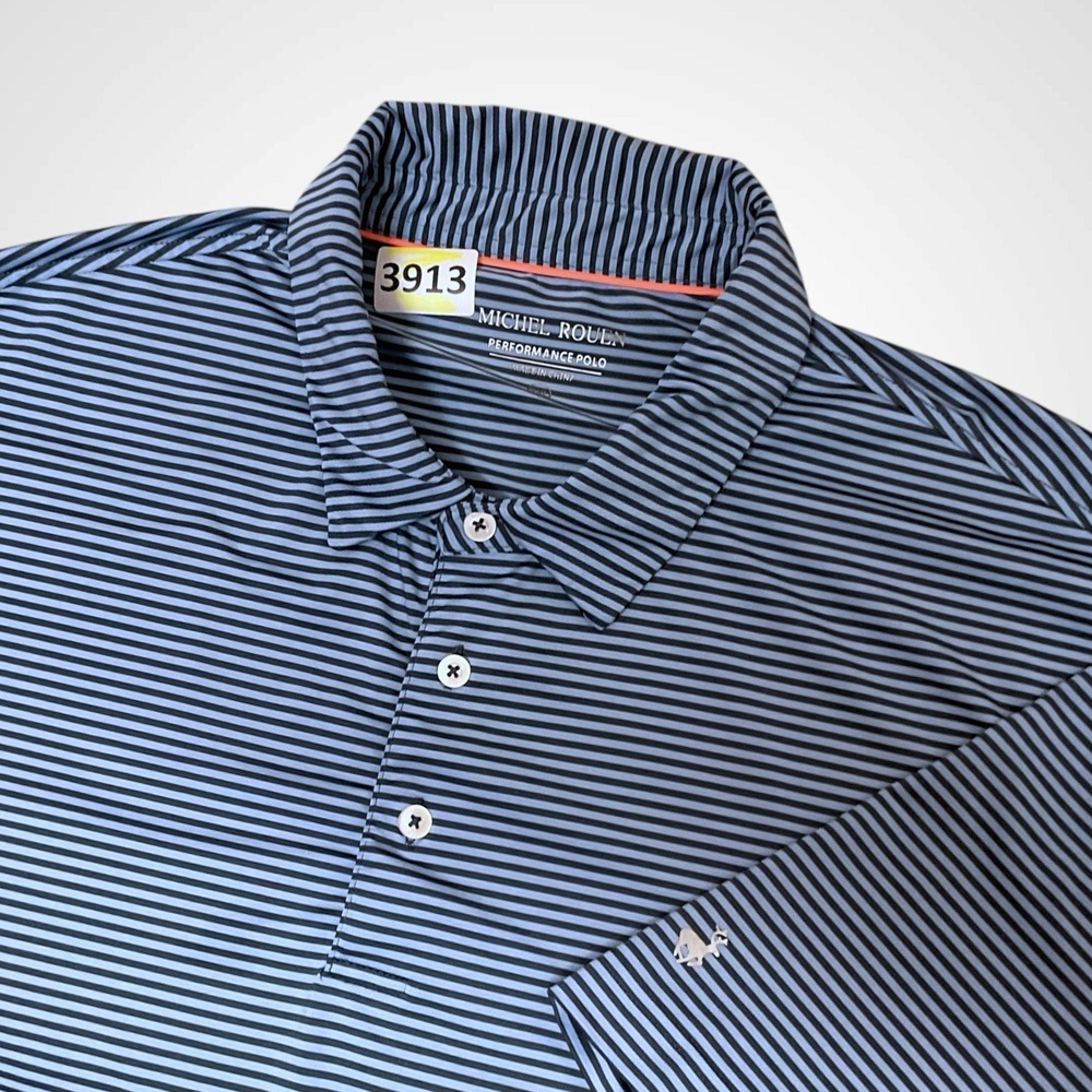 Michael Rouen Golf‎ Polo Shirt Mens XXL 2XL Blue /Black stripe  Performance Polo